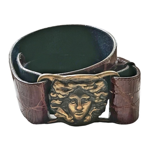 RARE Catherine Carson Bronze Medusa Buckle Brown Crocodile Belt, 33” - Picture 5 of 12